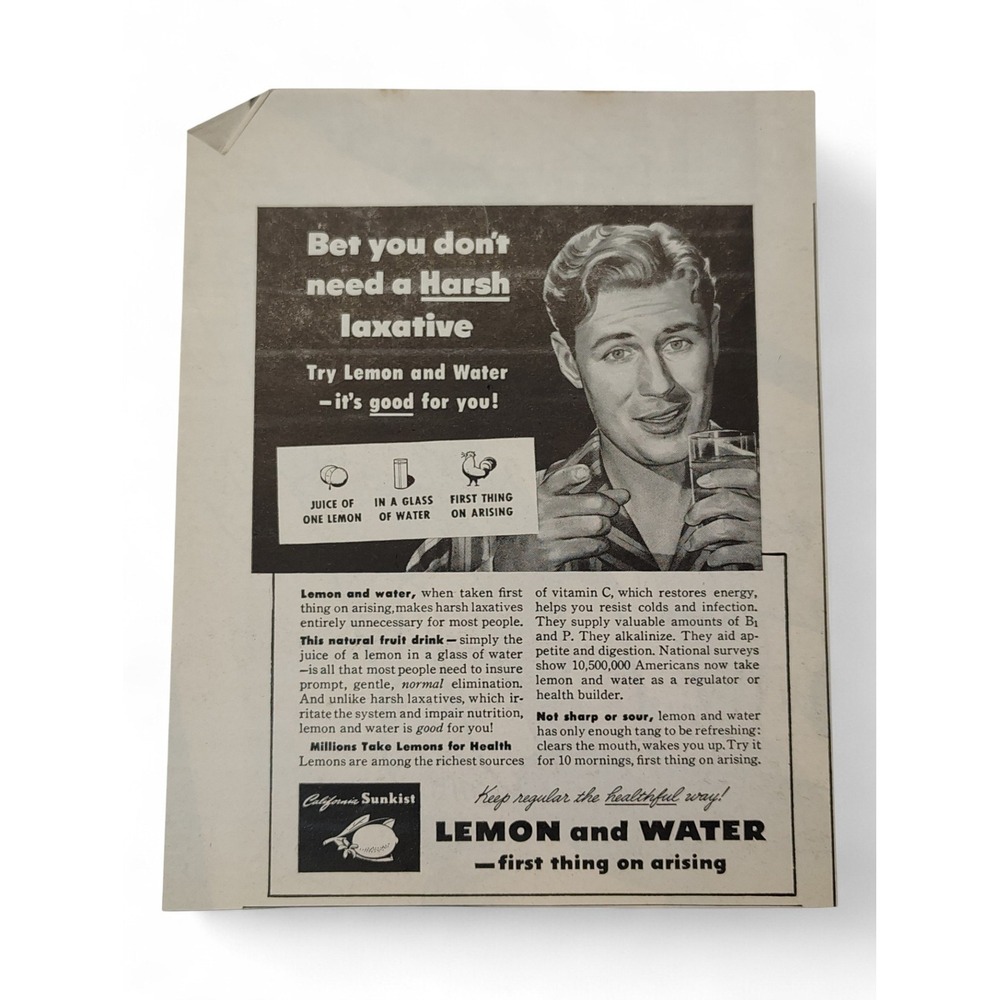 1946 California Sunkist Lemon Water Print Ad Advertisement‎ Health Quakery